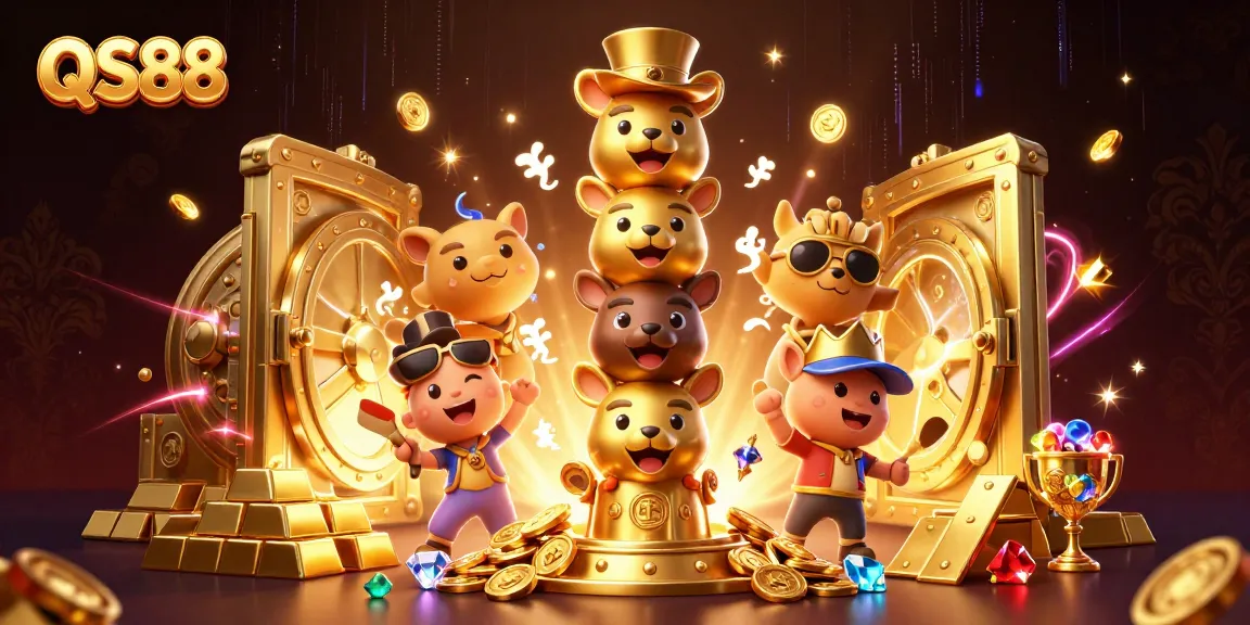 Experience the excitement of QS88 with a vibrant 3D illustration showcasing casino elements and dynamic totem.