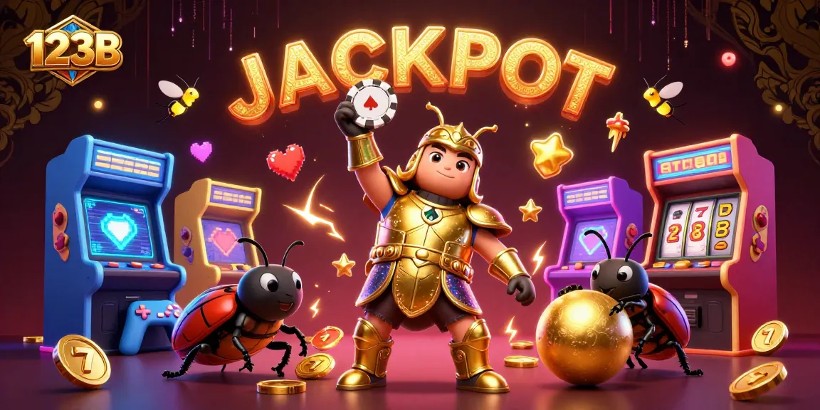 Engage in thrilling games at 123B with a vibrant scene featuring a victorious beetle and gaming elements.
