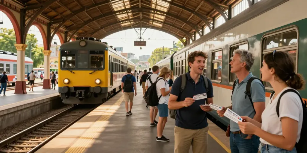 Travelers with one way train tickets at a vibrant European train station, perfect for vacation planning.