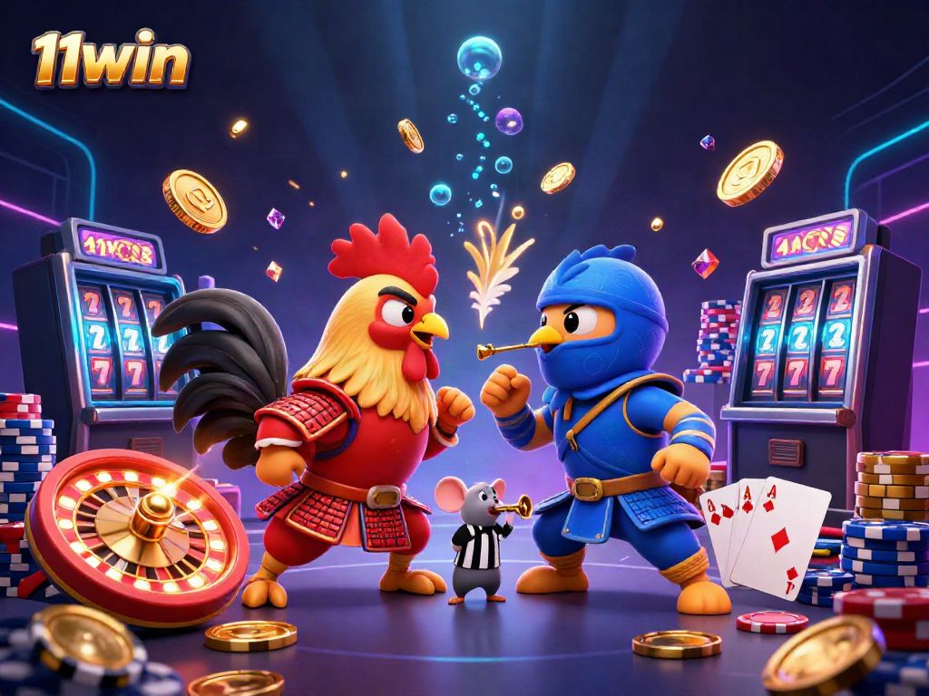 Experience thrilling moments with 11win in this engaging digital illustration of a dramatic rooster fight.