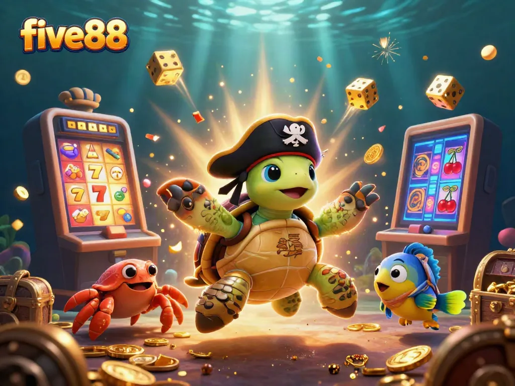 Experience the excitement of five88 with a playful pirate turtle, golden crab, and vibrant casino elements.