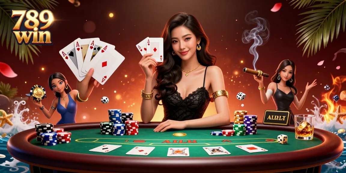Win big at 789 win with a glamorous casino scene showcasing a confident player holding winning cards.