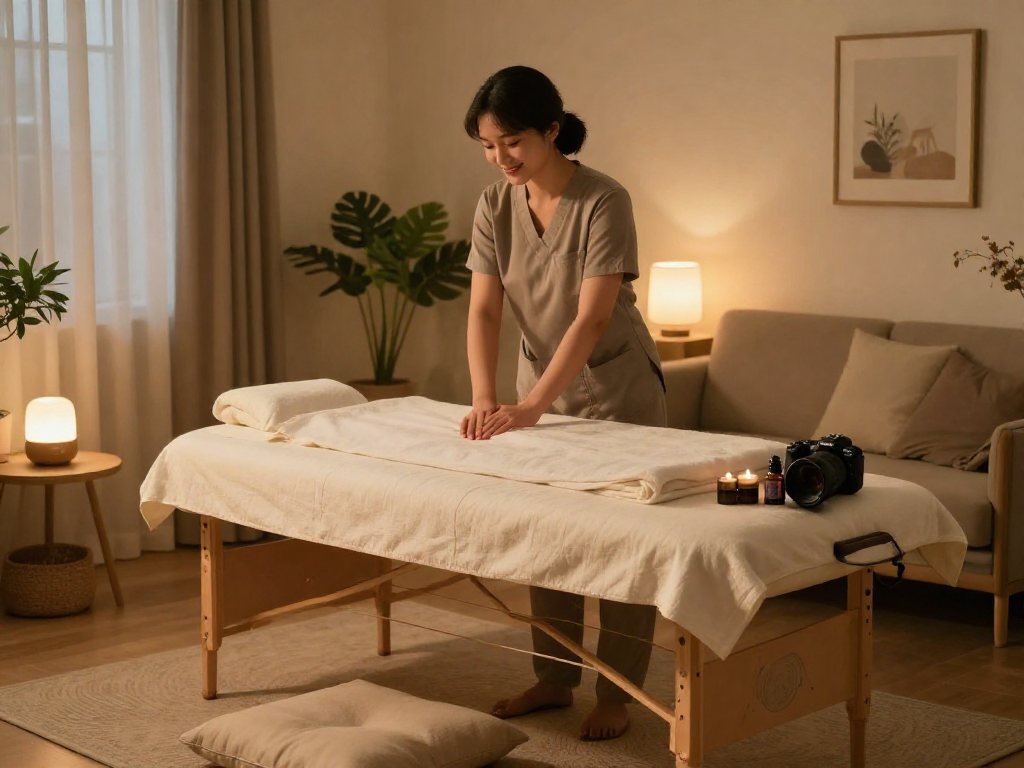 Home massage setting with a professional therapist preparing for 파주출장마사지, featuring calming decor and ambient lighting.