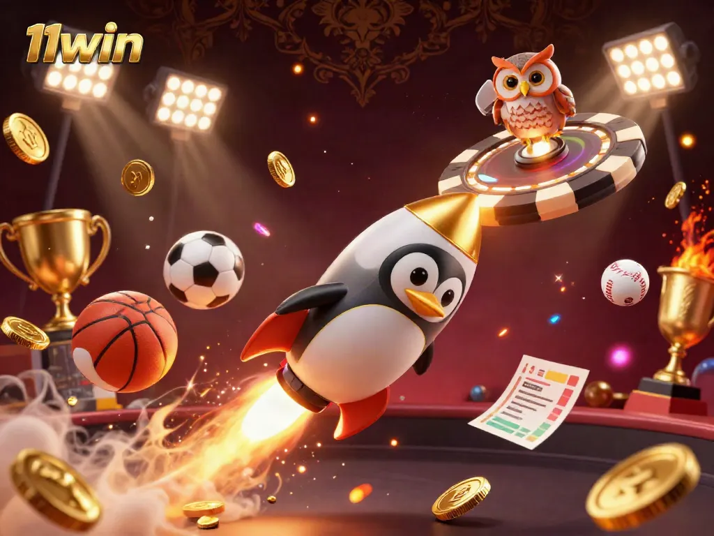 Experience the thrill of winning with the action-packed 11win casino scene featuring a golden penguin and sports elements.