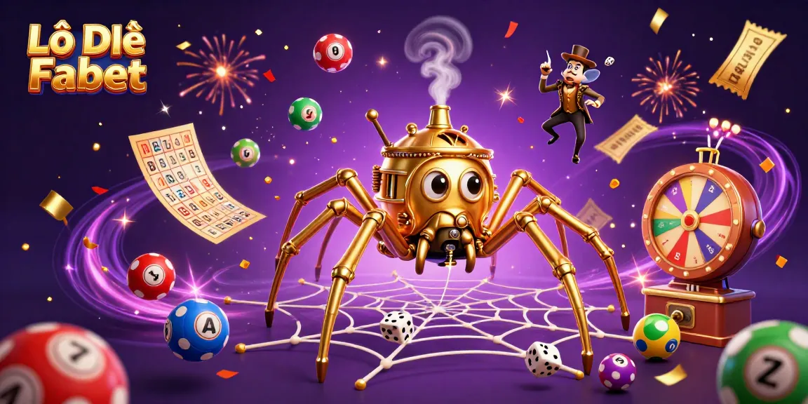 Lô Đề Fabet showcases a dynamic 3D illustration of a golden spider webbing together lottery elements and a trapped fly gentleman.