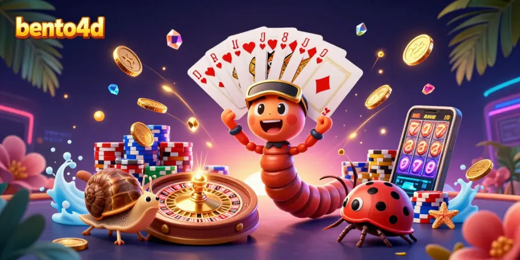 Engage with bento4d's vibrant casino scene, featuring a millipede dealer and high-roller characters.