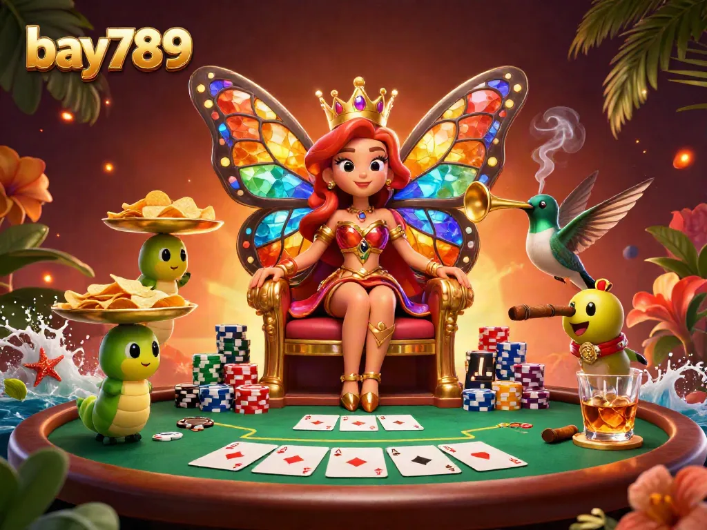 Experience the excitement of bay789 with a vibrant casino scene featuring a butterfly queen and lavish poker elements.