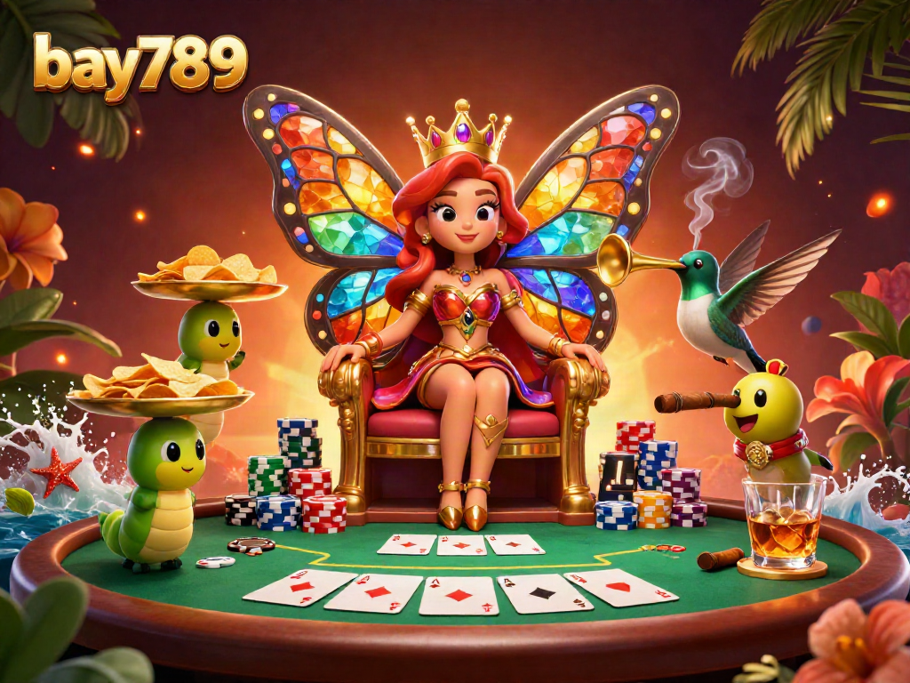 Experience the excitement of bay789 with a vibrant casino scene featuring a butterfly queen and lavish poker elements.
