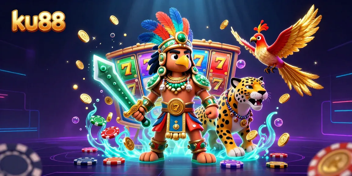 Experience excitement at ku88 with a vibrant 3D illustration showcasing an Aztec warrior eagle and jackpot elements.