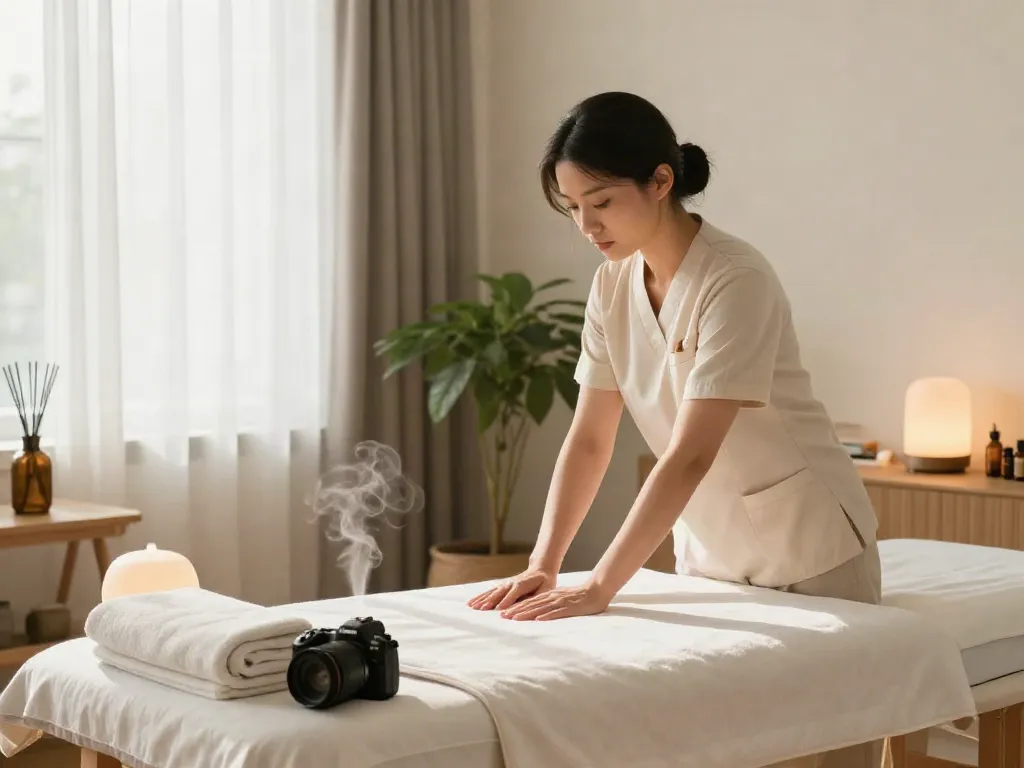 구로출장안마 at-home massage setup with therapist preparing serene environment.