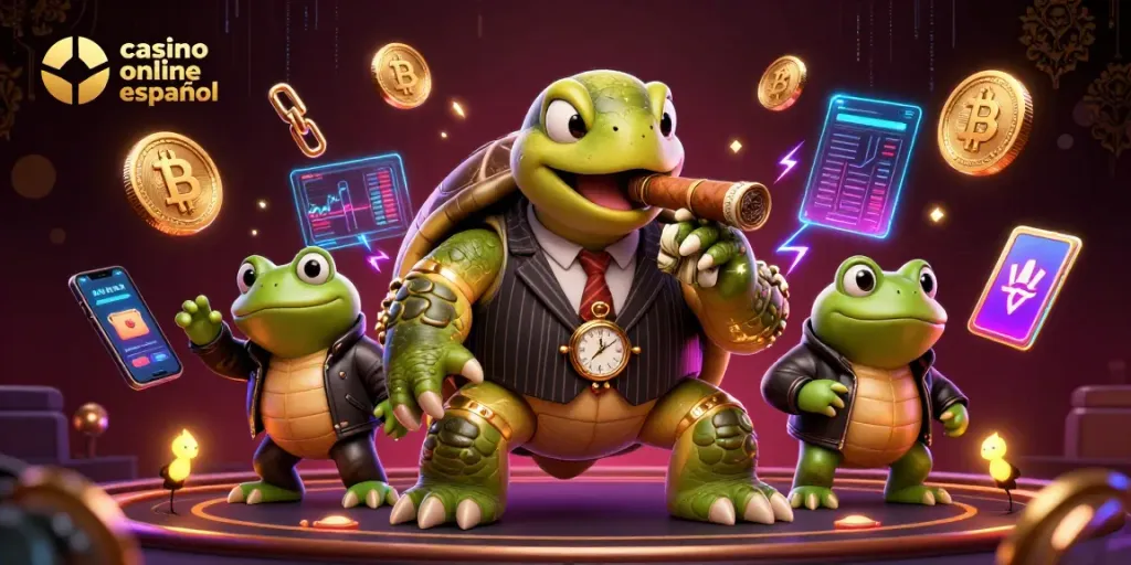 Juega en un casino online español rodeado de monedas de Bitcoin, escenario vibrante y personajes únicos.