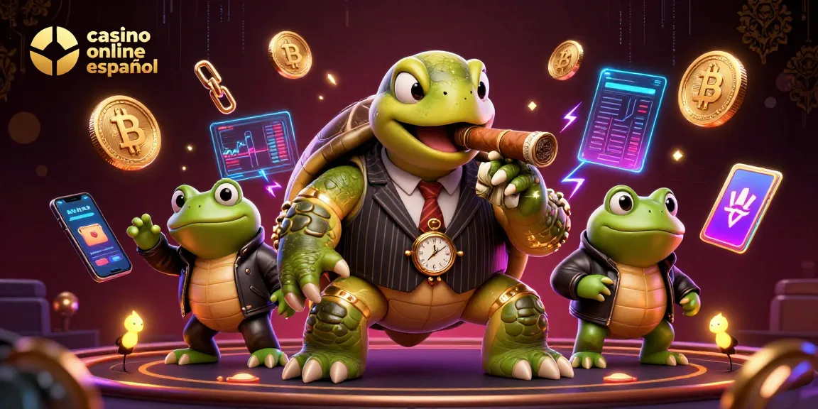 Juega en un casino online español rodeado de monedas de Bitcoin, escenario vibrante y personajes únicos.