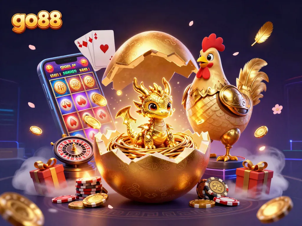 Experience go88 with a golden dragon guarding casino treasures in an exciting gaming scene.
