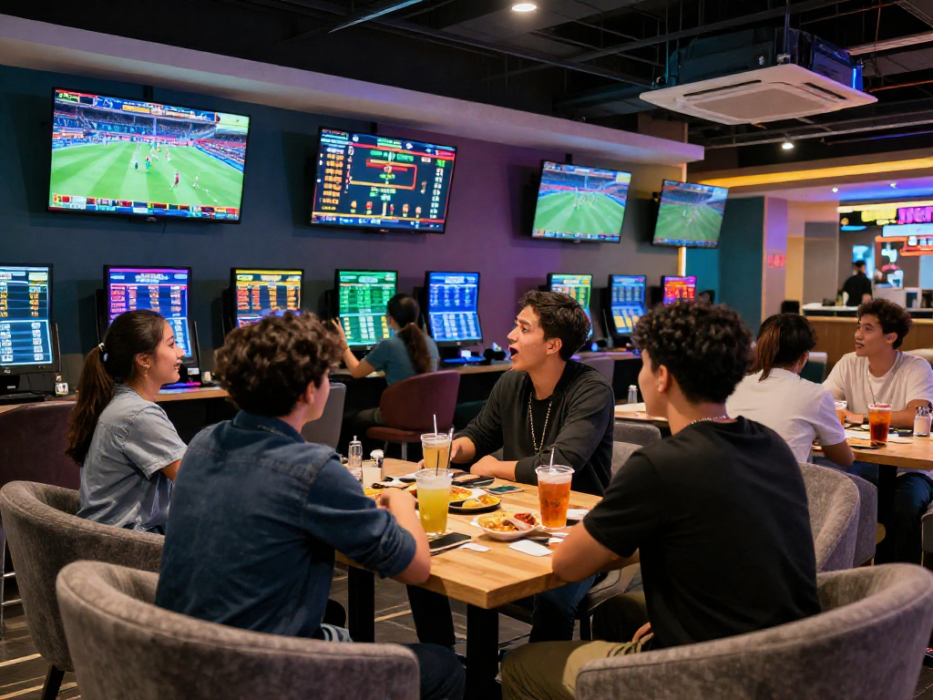 Group of friends enjoying sports betting at http://oxbet-app.com with screens and drinks in a modern lounge