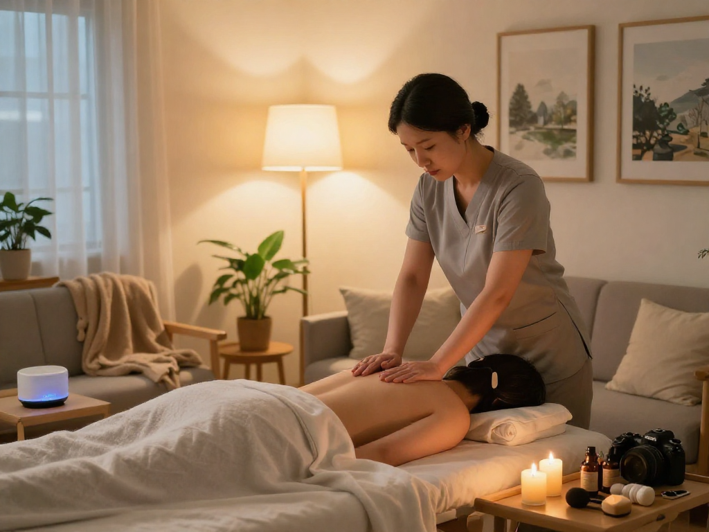 In-home 서울출장마사지 scene with a professional providing soothing care in a serene atmosphere, featuring calming elements.