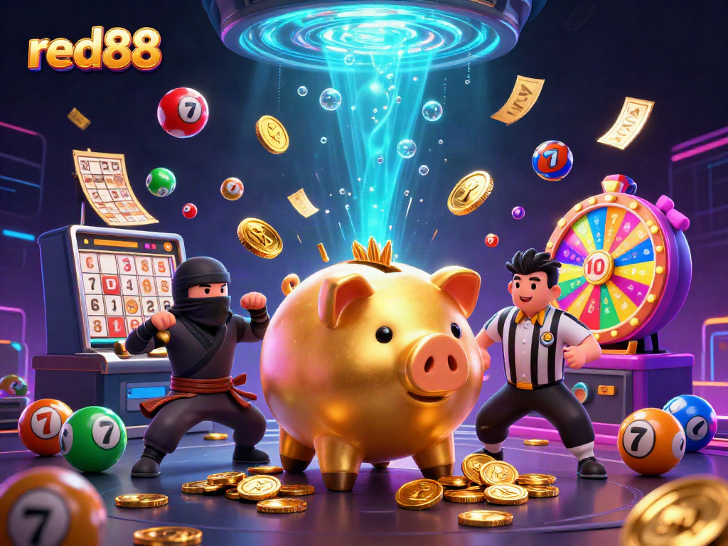 Engage in thrilling entertainment with red88's vibrant casino illustration showcasing dynamic gaming elements.