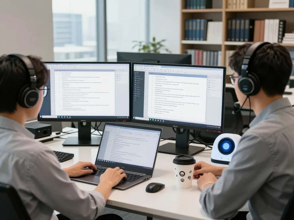 展示有道翻译服务的专业办公室场景，配有翻译人员和AI工具，以提供有效的语言解决方案。