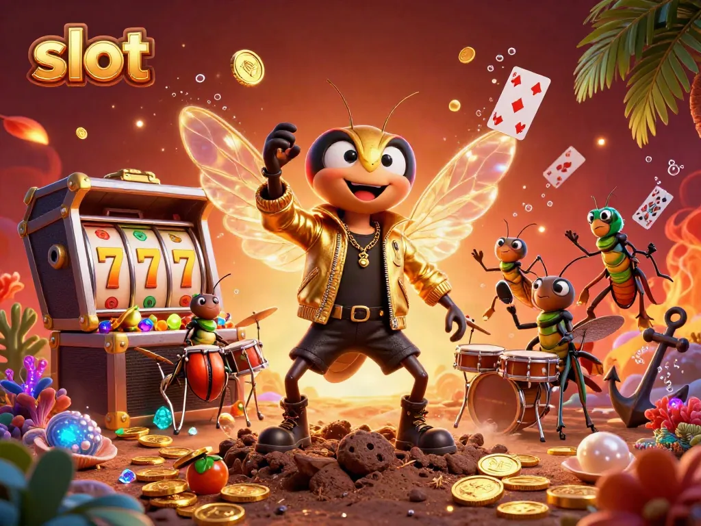 Celebrate the excitement of slot machines in a vibrant casino-themed scene with a rock star character.