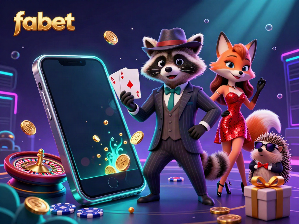 Experience thrilling gameplay at fabet with a raccoon and fox in a vibrant casino scene.