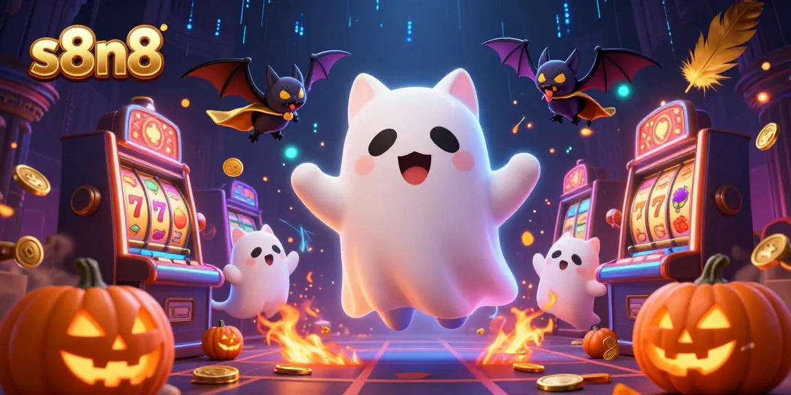 Engage in the thrilling world of s8n8 with a ghost cat and vampire bat in a vibrant haunted casino.