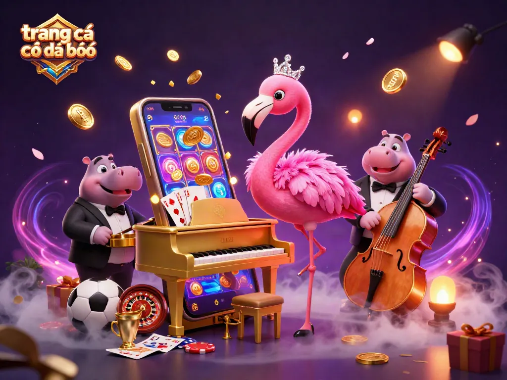 Trang cá cược đá bóng với biểu diễn âm nhạc sống động của flamingo và hippo trong không gian đầy màu sắc.