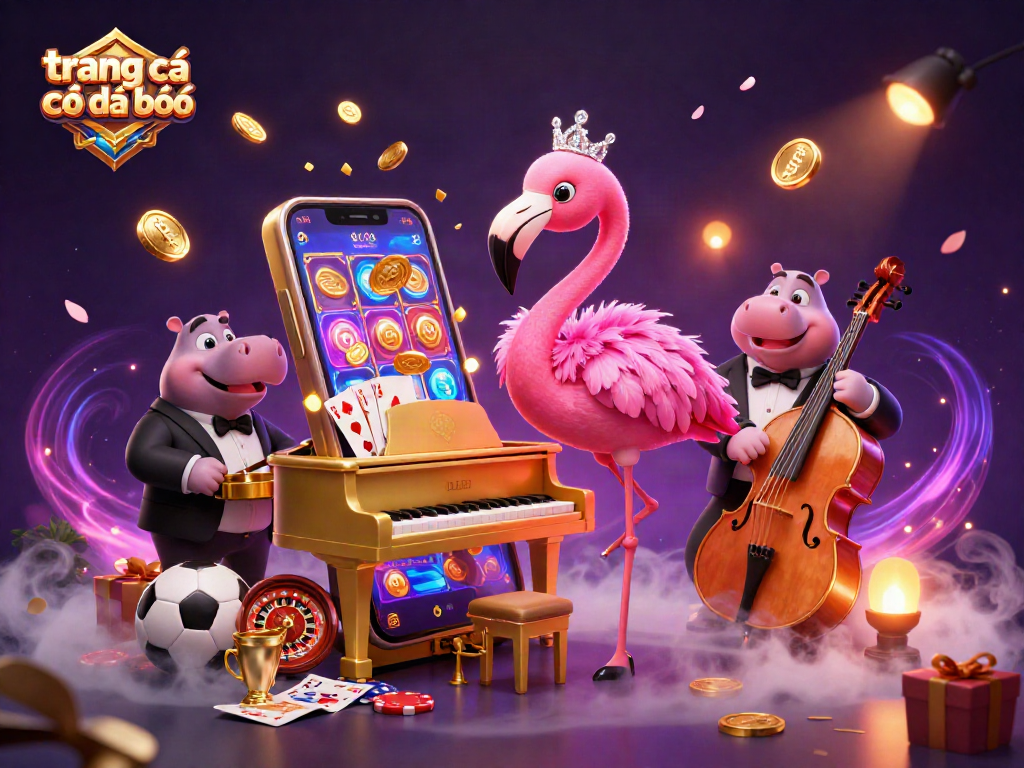 Trang cá cược đá bóng với biểu diễn âm nhạc sống động của flamingo và hippo trong không gian đầy màu sắc.
