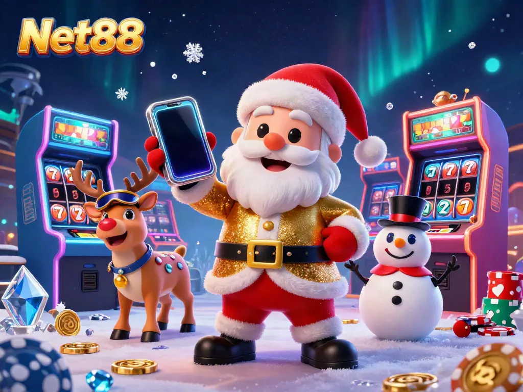 Play slots and win with Net88, featuring a festive Santa, reindeer, and snowman in a vibrant casino scene.