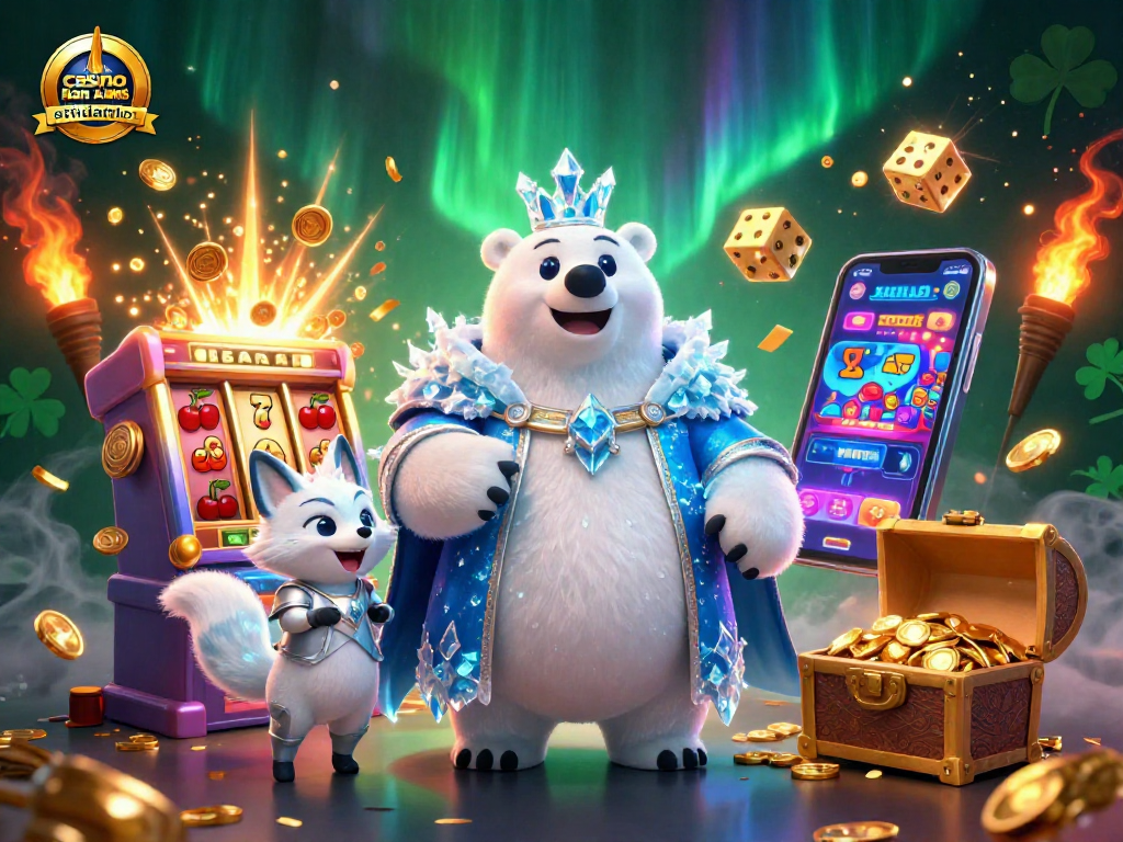 Scopri la magia del casino non AAMS affidabile con un'illustrazione 3D affascinante di un orso polare e una volpe tra slot e giochi.