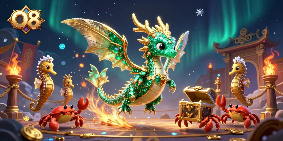 Experience the excitement of O8 with a dynamic scene of gaming elements and dazzling treasures.