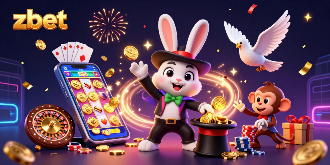 ZBET brings excitement with a magician and playful characters amidst casino elements in a vibrant illustration.