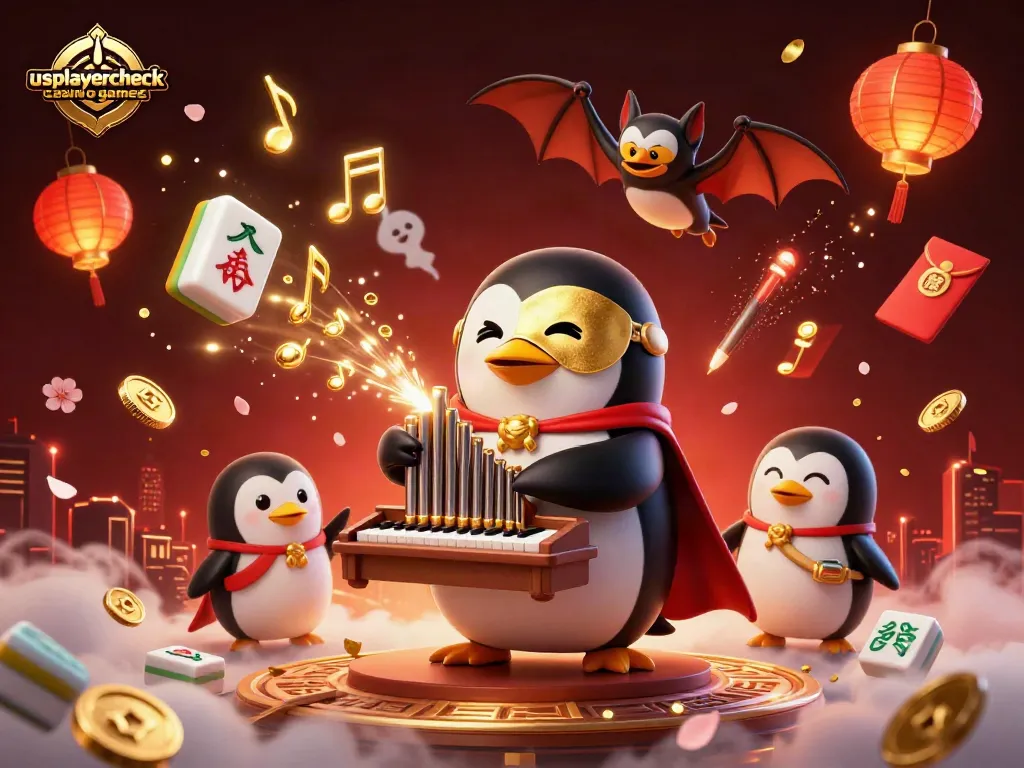 Experience usplayercheck casino games with a dynamic scene of a penguin organist surrounded by festive elements and lively visuals.