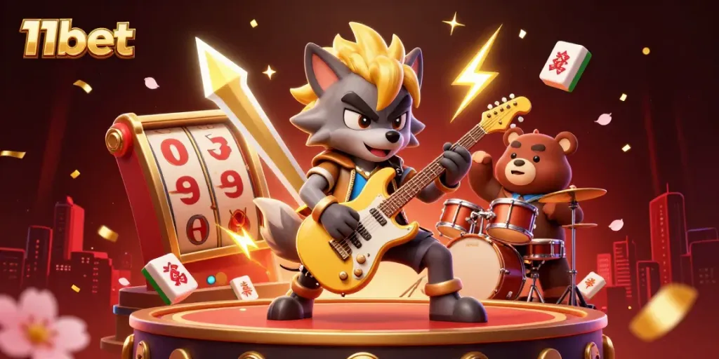Experience the thrill of 11bet with an electrifying casino scene featuring rock star characters and vibrant game elements.