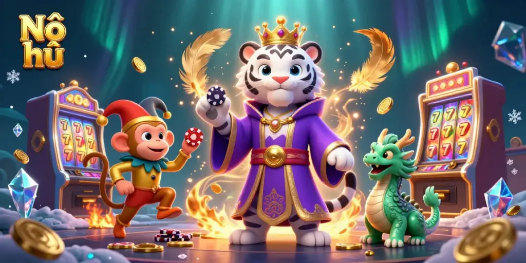 Experience thrilling Nổ hũ slot action with a vibrant, cinematic 3D scene of charming characters.