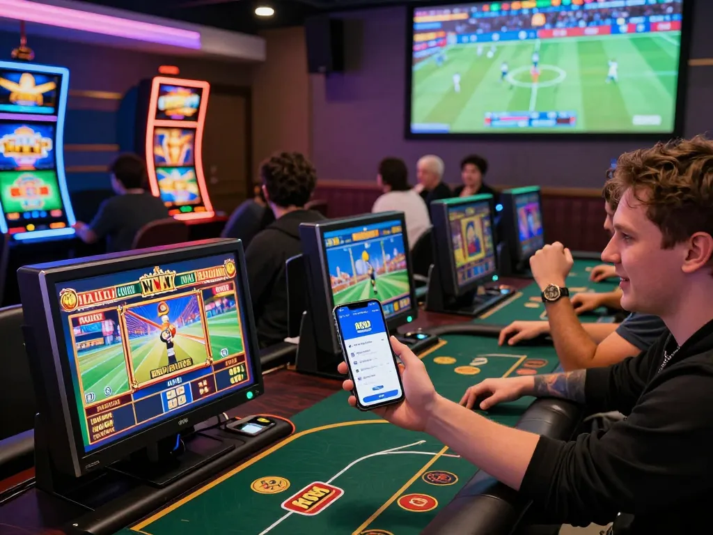 Online gambling excitement at https://rr88c.mobi/, featuring diverse players, colorful screens, and celebratory moments.