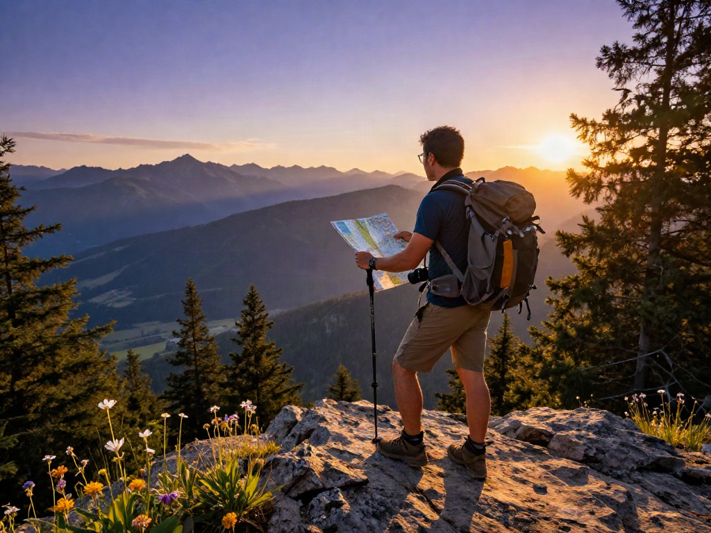 Stunning mountain view with a traveler exploring rokok88 alternatif adventures at sunset, showcasing outdoor gear and scenic landscapes.