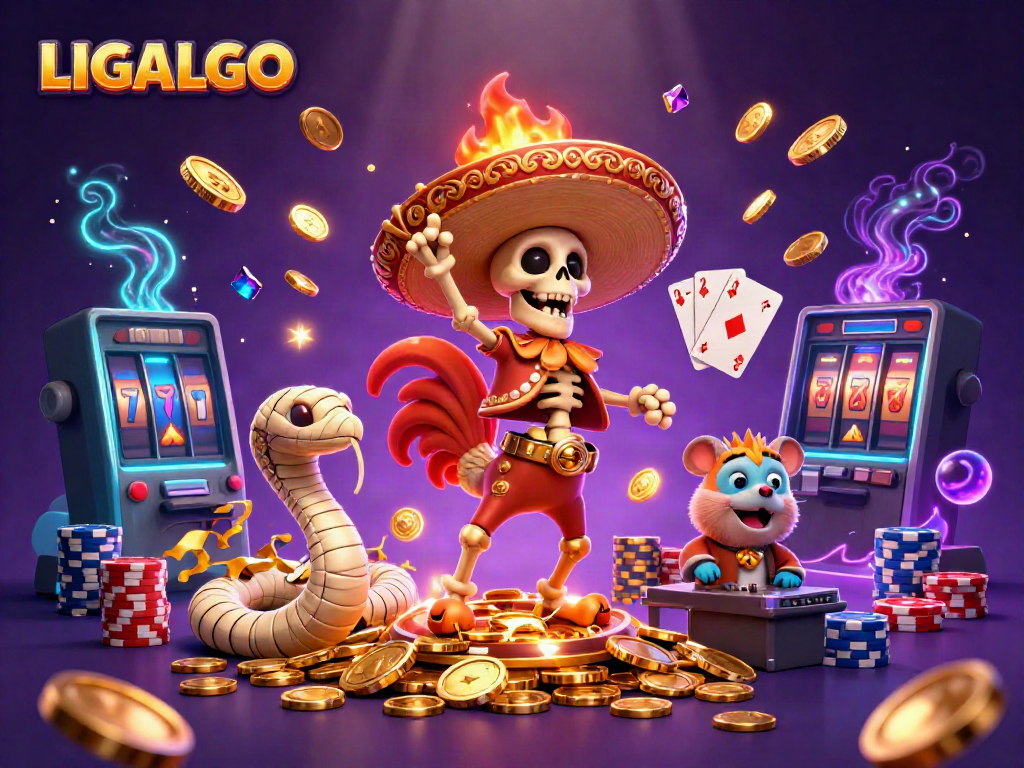 LIGALGO showcases lively characters celebrating with coins, gambling elements, and vibrant colors, enhancing casino excitement.
