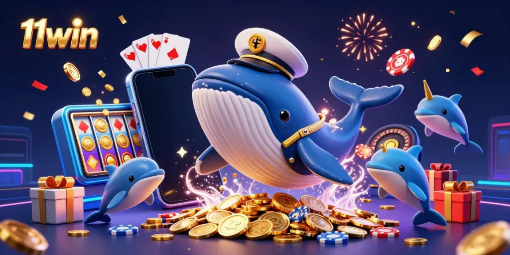 Win big with 11win's vibrant casino scene featuring a whale and dolphins engaging with dynamic gaming elements.