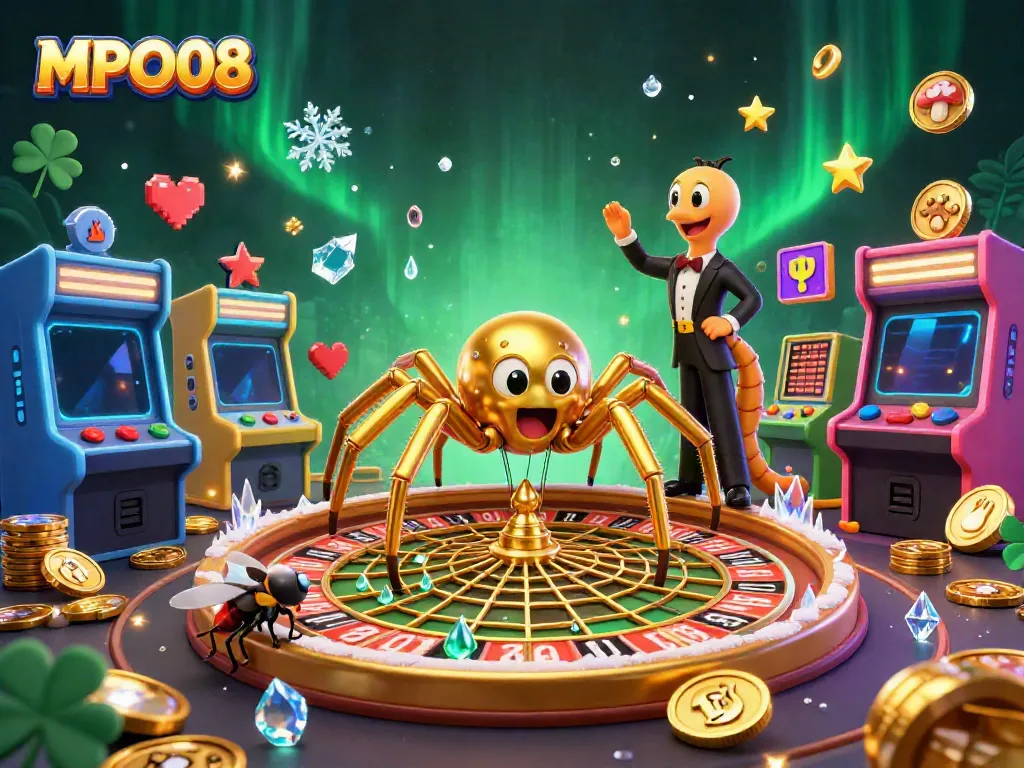 Experience thrilling bets at MPO08 with a golden spider roulette scene depicting vibrant casino elements.