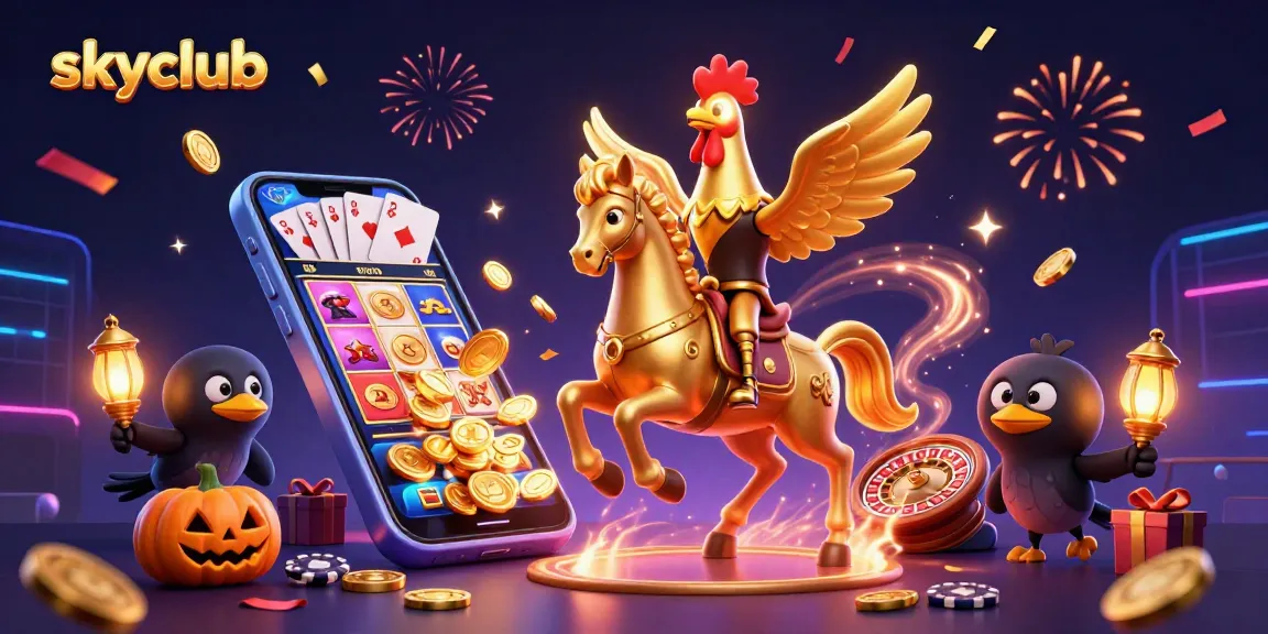 Engage with the vibrant skyclub scene featuring a golden rooster, casino games, and festive elements.