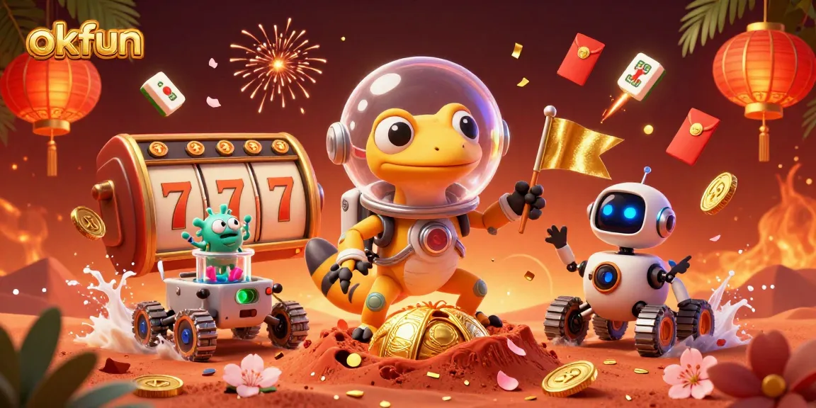 okfun showcases vibrant casino elements with a cartoon gecko discovering treasures in Mars sand.