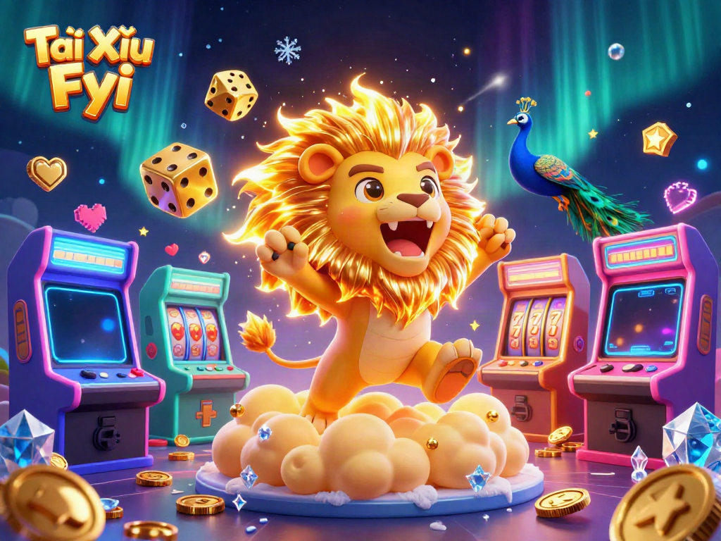 Tài Xỉu Fyi features playful cartoon characters and vibrant casino elements, celebrating gaming excitement.