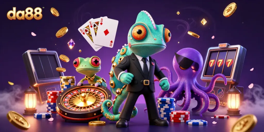 Engage with da88's thrilling slots and casino games through this vibrant 3D illustration.