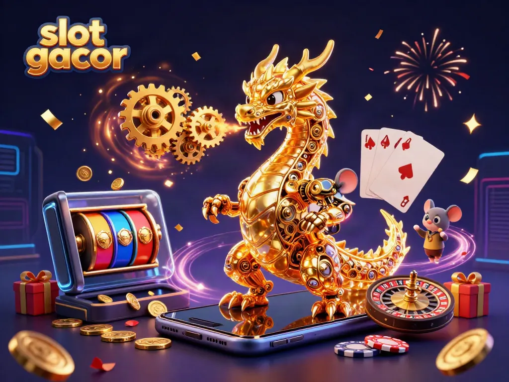 Engage with slot gacor excitement through an artistic 3D display of a golden dragon and gaming elements.
