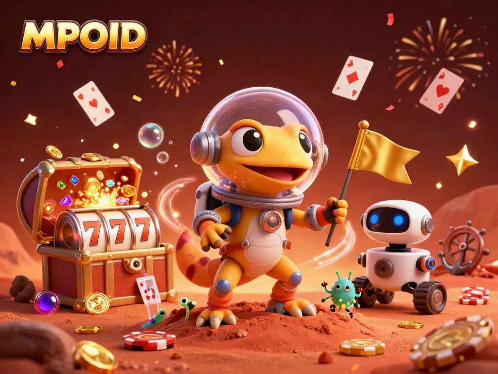 Engage in MPOID's thrilling casino adventure with Martian gecko discovering golden treasures.