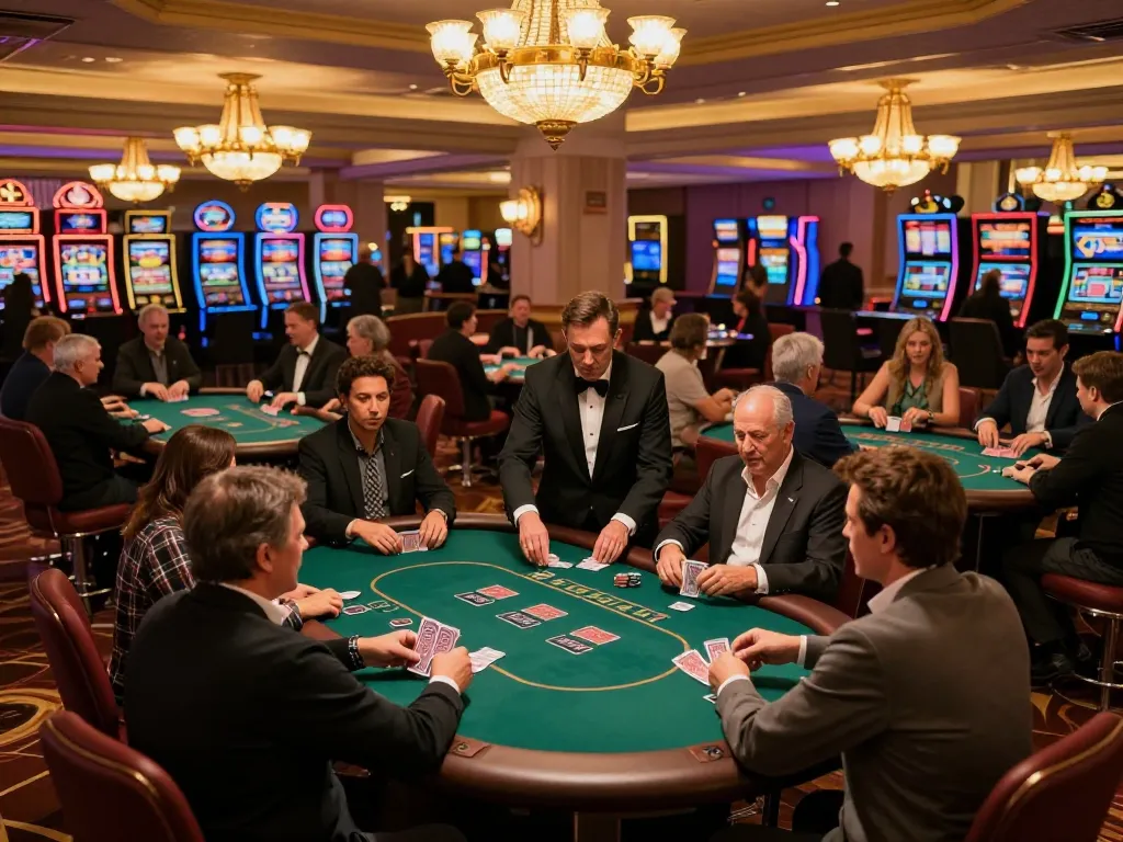 Players enjoying high-stakes poker at maxpoker88 in a vibrant Vegas casino, showcasing excitement and luxury.
