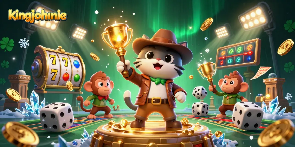 Explore kingjohnnie's treasure with a cat archaeologist and monkey in a vibrant casino scene.