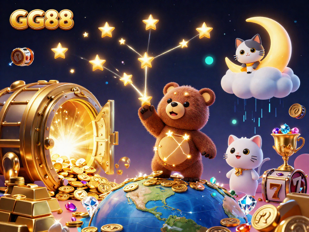 Experience the thrill at GG88 with captivating 3D casino characters surrounded by treasure and games.