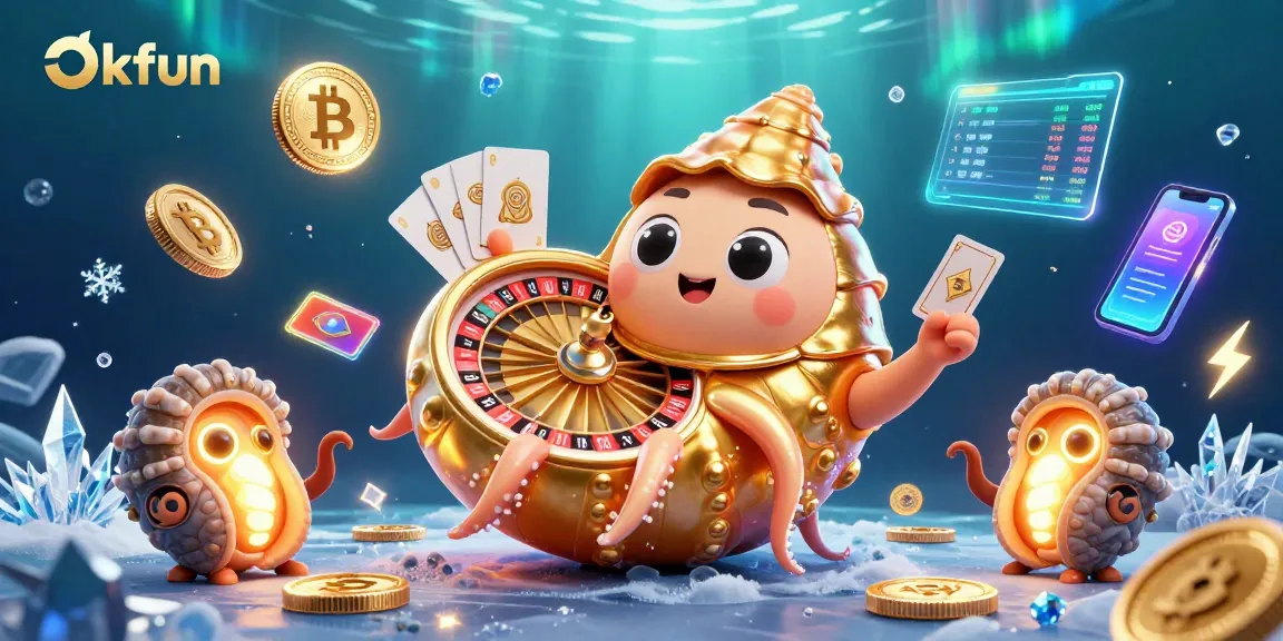 Engage with Okfun's dynamic casino scene featuring a giant nautilus and glowing crypto coins.