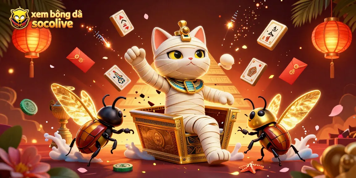 xem bóng đá socolive and enjoy an energetic online gambling scene with Egyptian themes, showcasing a mummy cat and a scarab beetle.