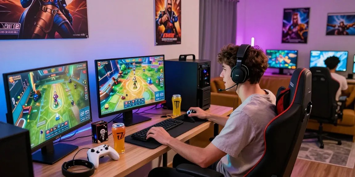 Exciting gaming atmosphere at Yo88, young adult engaged in online card games with vibrant LED lights.